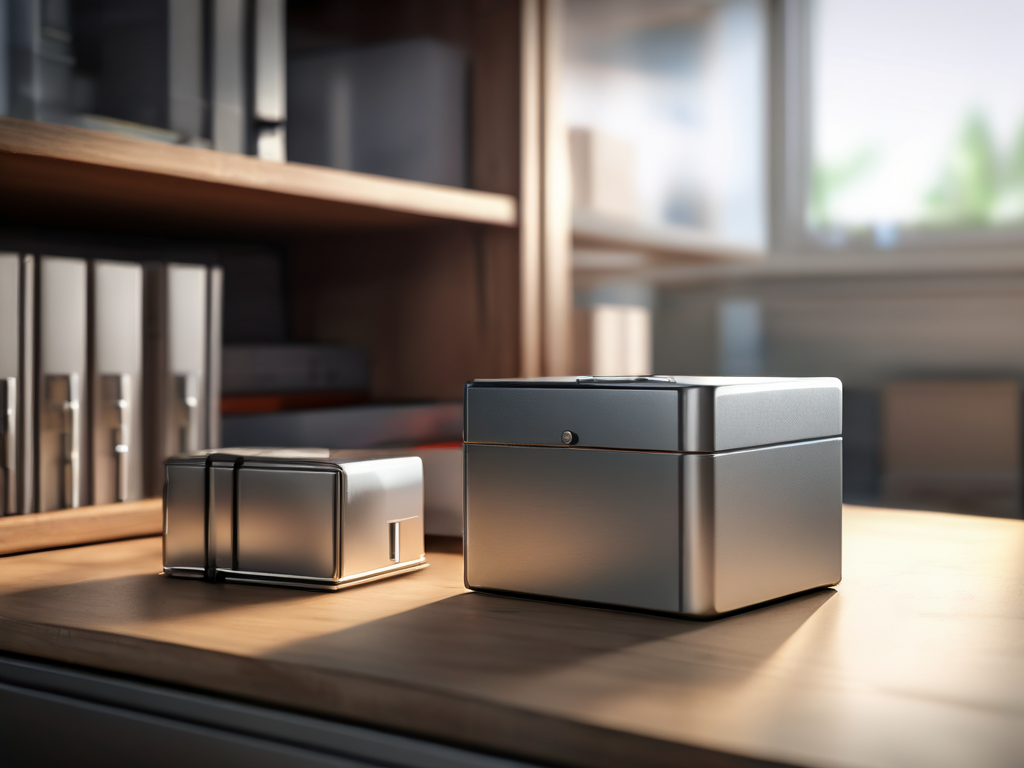 A compact storage block with low capacity sits beside a sealed archive box on a brushed metal surface in angled morning light...