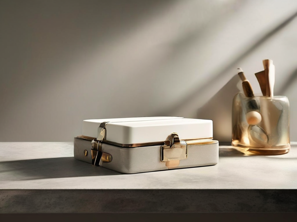 Stacked blank sleeves beside a locked storage block with a side slot on a stone counter.