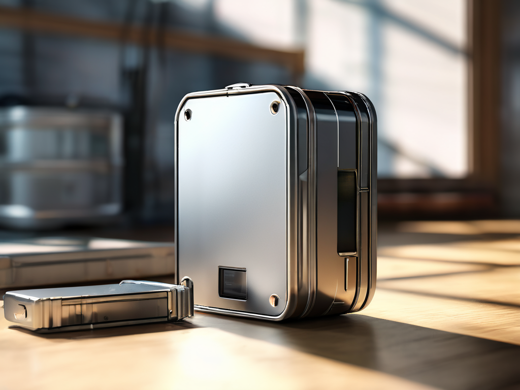 Portable storage drive with stacked data blocks and capacity gauge on brushed metal surface in morning light.