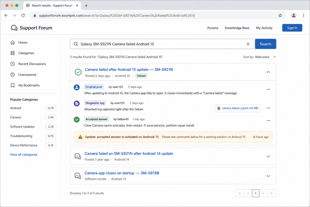 Forum search results comparing error messages, Galaxy SM-S921N model numbers, and Android versions before applying an existing solution.