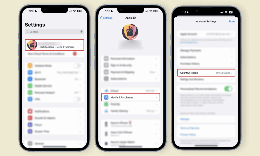 Apple Account country settings requiring region-specific payment information.