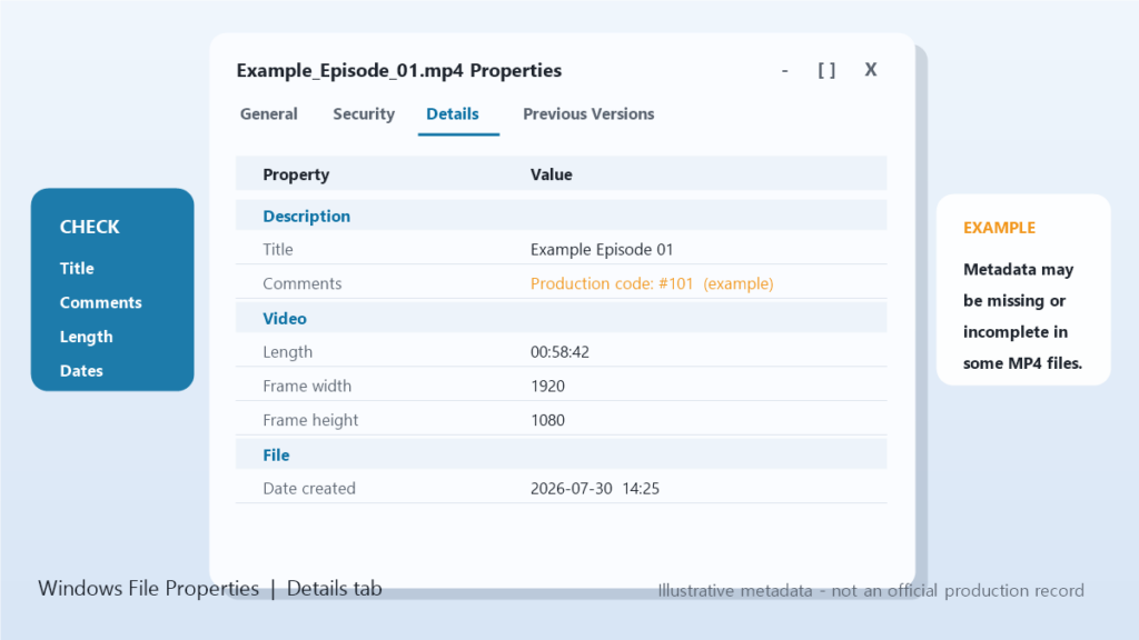 Windows video file Details tab showing the title, example production code, runtime, resolution, and creation date used to identify an episode.